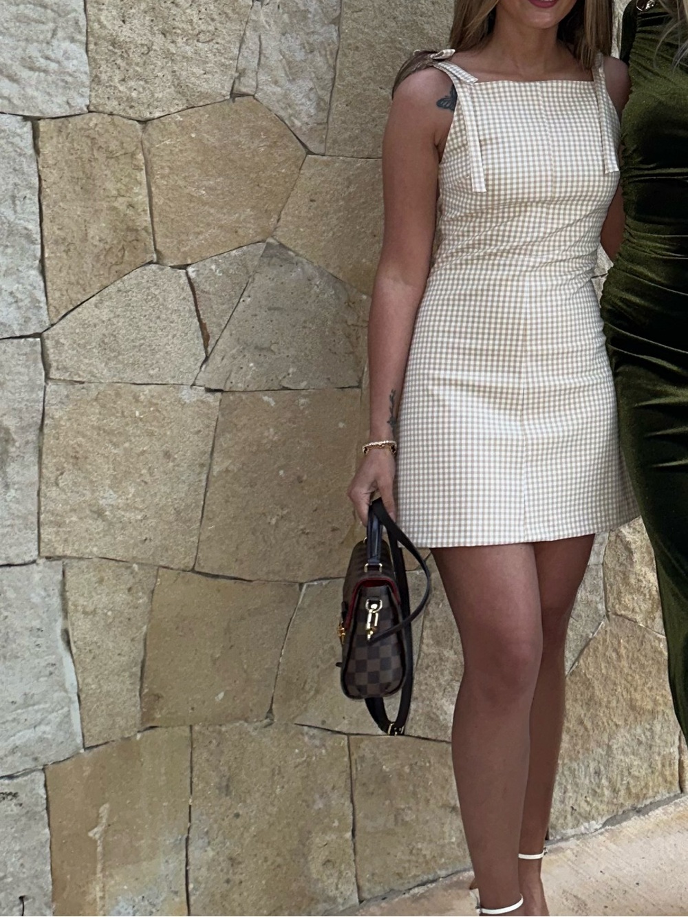 Zara Beige Gingham Square-Neck Tie-Strap Mini Dress